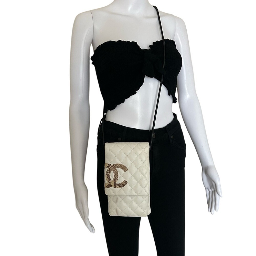 CHANEL White Snakeskin Cambon Line Coco Mark Shoulder Crossbody Bag Pouch Bag